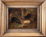 'The Dog & Hog' 19th Century Oil On Canvas. Naive School. - Harrington Antiques