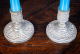 19th Century Pair Of Blue Glass Candlesticks - Harrington Antiques