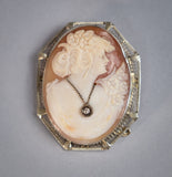 Antique 14 Carat White Gold Filigree & Diamond Carved Cameo Brooch. - Harrington Antiques
