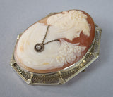 Antique 14 Carat White Gold Filigree & Diamond Carved Cameo Brooch. - Harrington Antiques