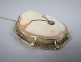 Antique 14 Carat White Gold Filigree & Diamond Carved Cameo Brooch. - Harrington Antiques