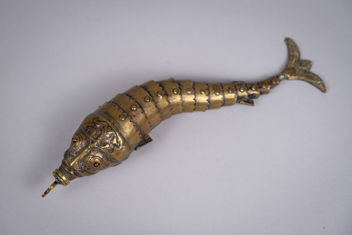 Large 19th Century Indian Brass Articulated Fish Powder Flask