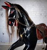 Unusual Vintage Glossy Black Wooden Rocking Horse On Bow Rocker. - Harrington Antiques