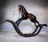 Unusual Vintage Glossy Black Wooden Rocking Horse On Bow Rocker. - Harrington Antiques