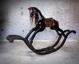 Unusual Vintage Glossy Black Wooden Rocking Horse On Bow Rocker. - Harrington Antiques