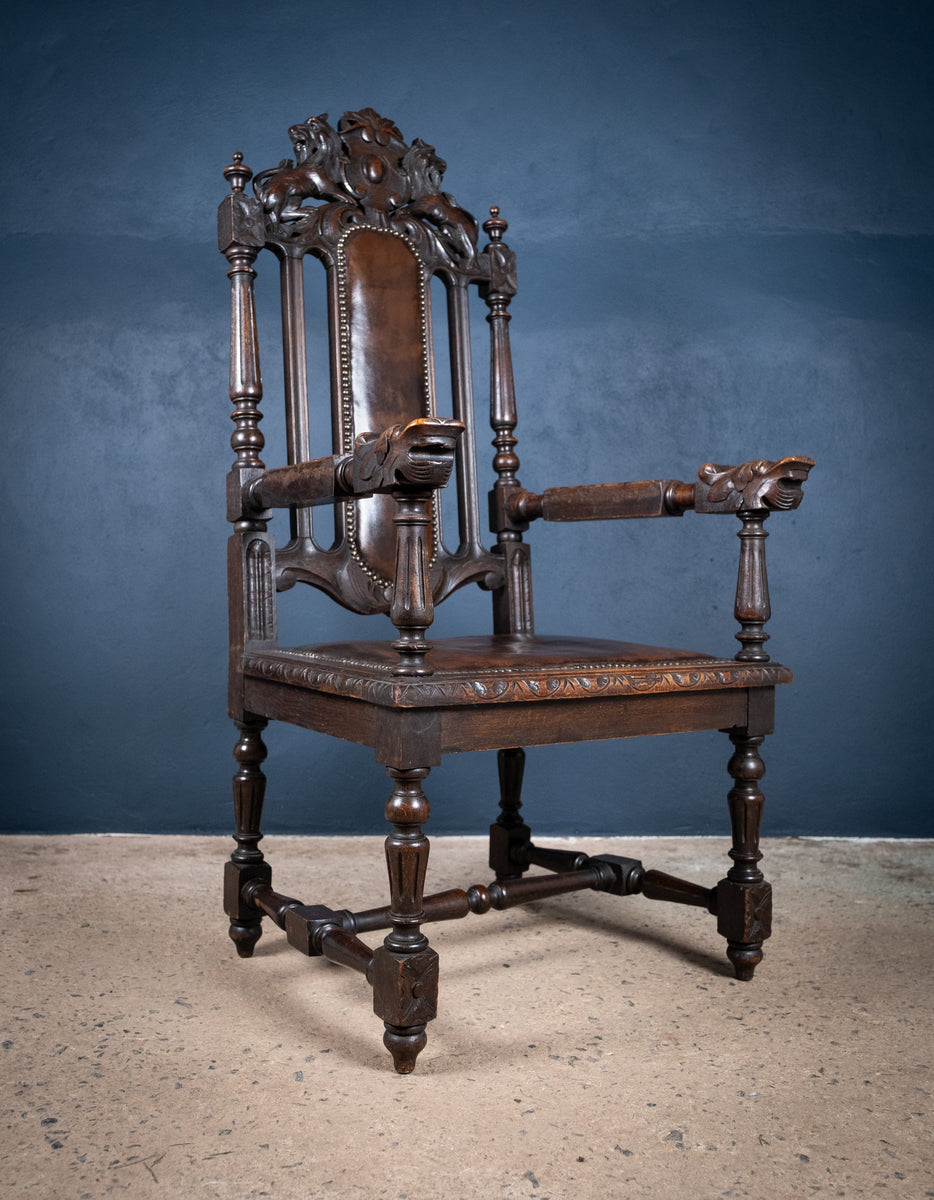 Victorian Gothic Revival Oak Throne Chair