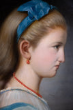 19th Century Oval Portrait Of A Girl In Blue. Oil on Canvas. - Harrington Antiques