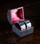 Cased Pair Silver Belt Buckle Napkin Rings by James Dixon & Sons, 1894.