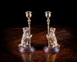 Pair Of Standing Terrier Dog Brass Candlesticks, c.1910