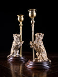 Pair Of Standing Terrier Dog Brass Candlesticks, c.1910