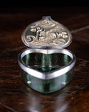 Large Silver & Green Glass Heart Box by Levi & Salaman, Birmingham, 1901. - Harrington Antiques