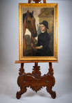 19th Century Folk Art - Horse & Rider In Maple Frame. Oil On Canvas. - Harrington Antiques