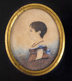19th Century Miniature Portrait Of Small Girl In Red & Blue Dress. - Harrington Antiques