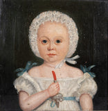 19th Century Naive Portrait Of A Young Child. Oil On Canvas. - Harrington Antiques