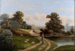 19th Century Oil On Canvas - Lady Walking By Pond. Signed 'T. Morris'. - Harrington Antiques