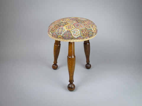 Late 19th Century Small Oak Needlework Stool With Tapered Ball Legs