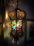 19th Century Wrought Iron Venetian Lantern With Stained Glass Roundels.