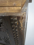 Antique 17th Century Carved Oak Coffer With Raised Legs & Original Iron Loop Hinges. - Harrington Antiques