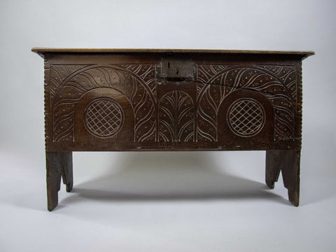 Antique 17th Century Carved Oak Six Plank Coffer / Chest. - Harrington Antiques