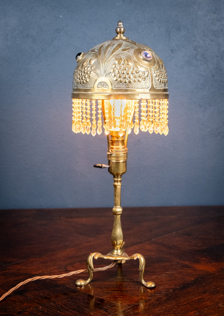 Art Nouveau Handmade Brass Lamp with Glass Bead Inlays and Brass strips  rolled into a filigree of sorts. Celluloid Button Switch. : r/Antiques