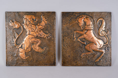 Arts & Crafts Copper Lion & Unicorn Plaques / Panels, c.1910. - Harrington Antiques