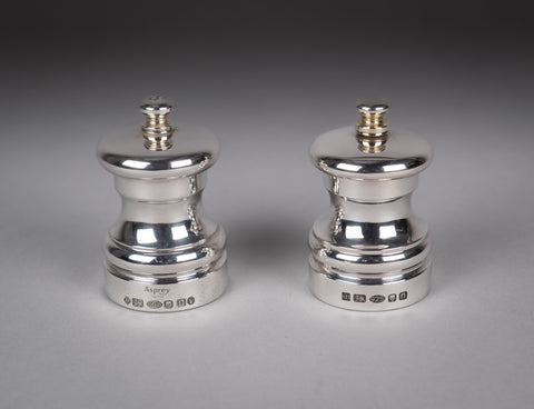 Asprey Silver Capstan Salt Mill and Pepper Mill by Hersey & Son. - Harrington Antiques