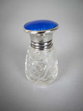 Blue Guilloche Enamel, Sterling Silver & Cut Glass Scent Bottle. H. Pidduck & Sons, Birmingham, 1929 - Harrington Antiques