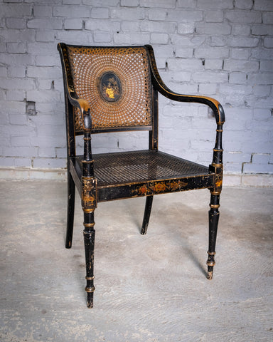 Early 20th Century Japanned Chinoiserie Cane Elbow Chair, c.1910 - Harrington Antiques