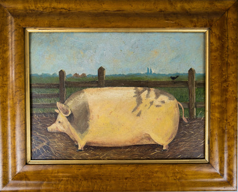 Early 20th Century Prize Pig In Landscape, Oil On Panel - English School. - Harrington Antiques