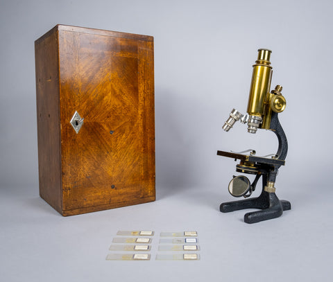 F. Koristka Milano Monocular Microscope (No. 30671) With Slides, Mahogany Case & Key. Circa. 1920. - Harrington Antiques