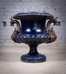 French Alfred Corneau Blue Enamel Cast Iron Urn With Griffin Handles - Harrington Antiques