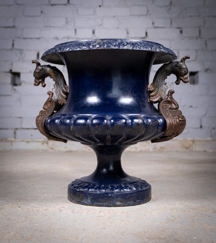 French Alfred Corneau Blue Enamel Cast Iron Urn With Griffin Handles - Harrington Antiques