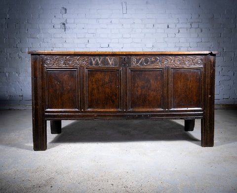Large 18th Century Queen Anne Four Panel Chest / Coffer - Dated 1702. - Harrington Antiques