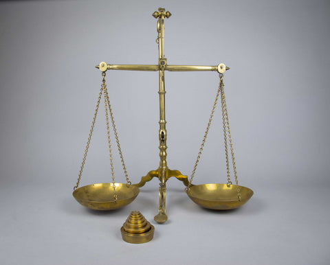 Large 19th Century Brass Bank Scales by Doyle & Son, London, With Avery Weights. - Harrington Antiques