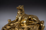 Large 19th Century Gilt Bronze Inkwell With Hound & Monopedic Lion Legs - Harrington Antiques