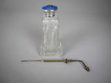 Large Sterling Silver, Blue Guilloche Enamel and Cut Glass Scent / Perfume Bottle. C.1930s. - Harrington Antiques