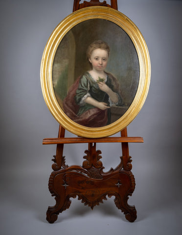 Late 18th/Early 19th Century Oval Portrait Of Girl Holding A Flower - Oil On Canvas. - Harrington Antiques