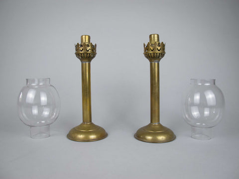 Pair Of 19th Century French Brass Gothic Candlesticks With Glass Shades