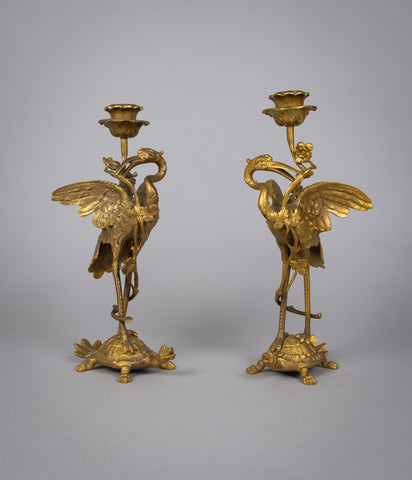 Pair Of French 'Japanesque' Gilt Bronze Candlesticks, c.1890. - Harrington Antiques