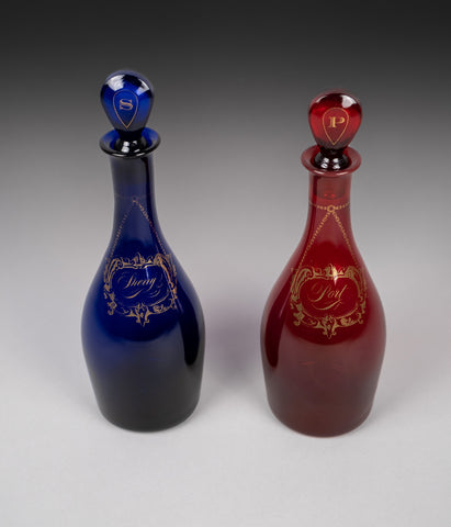 Pair Of Georgian Bristol and Ruby Glass Decanters (Sherry & Port) - Harrington Antiques