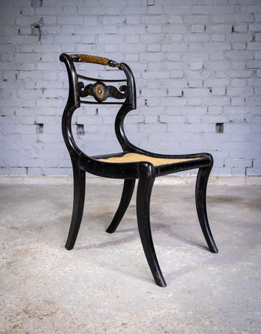 Regency Ebonised, Gilt & Painted Cane Sabre Leg Chair - Harrington Antiques