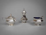 Sterling Silver Three Piece Cruet Set With Spoon by Ernest Druiff & Co, 1925. - Harrington Antiques