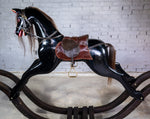 Unusual Vintage Glossy Black Wooden Rocking Horse On Bow Rocker. - Harrington Antiques