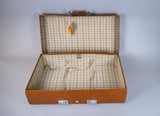 Vintage 1960s Revelation Tan Leather Suitcase With Travel Labels. - Harrington Antiques
