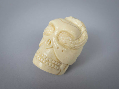 Vintage Finely Carved Signed Bone Memento Mori Netsuke Of Skull & Snake. - Harrington Antiques